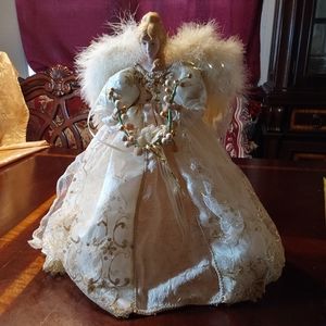 Victorian Christmas Angel Tree Topper  13” Ivory And Gold Ribbon And Lace Gown